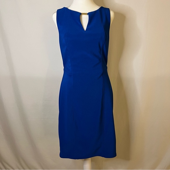 Royal Blue Sleeveless Midi Dress, Gold Bar accent above cleavage window Sz 10 - Picture 2 of 13